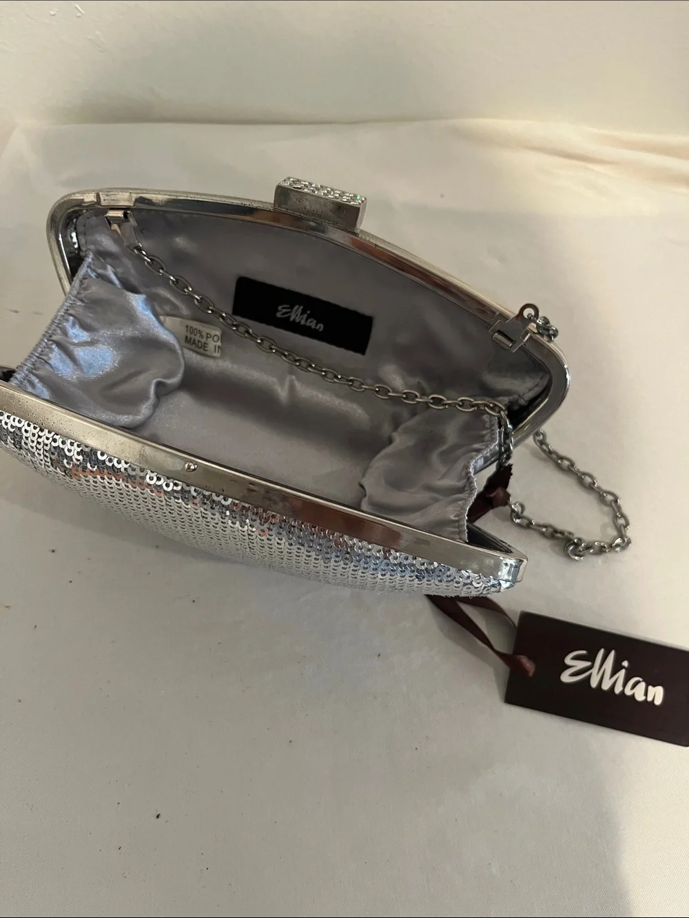 Sequin Silver Evening Clutch with Top Clasp and Chain NWT